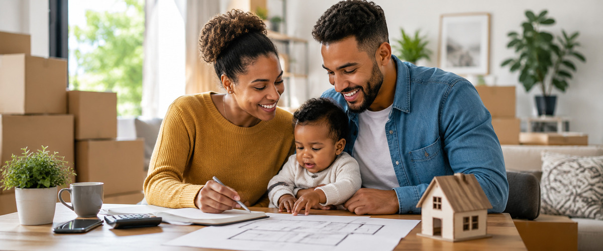 Young South African couple with baby moving into their first home — first-time home buyers guide South Africa